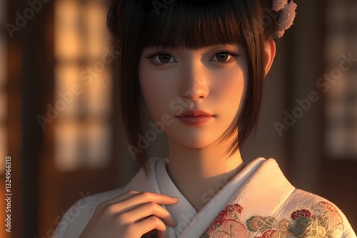 Photorealistic of a Beautiful Japanese Woman in an Elegant Kimono