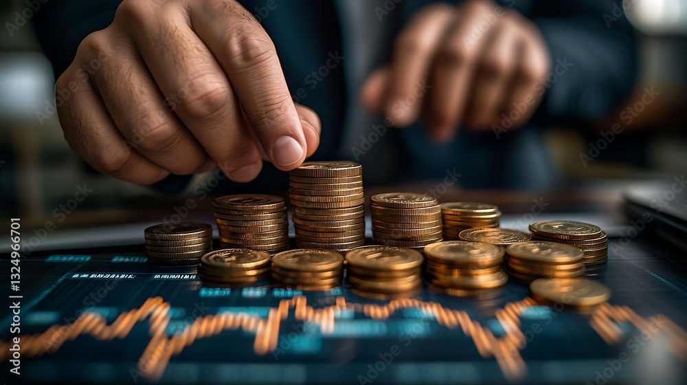 Analyzing Crypto currency Market Trends on Screen, A person pointing at a financial chart on a computer screen with stacks of coins in the foreground Analyzing Crypto currency Market Trends on Screen, A person pointing at a financial chart on a computer screen with stacks of coins in the foreground