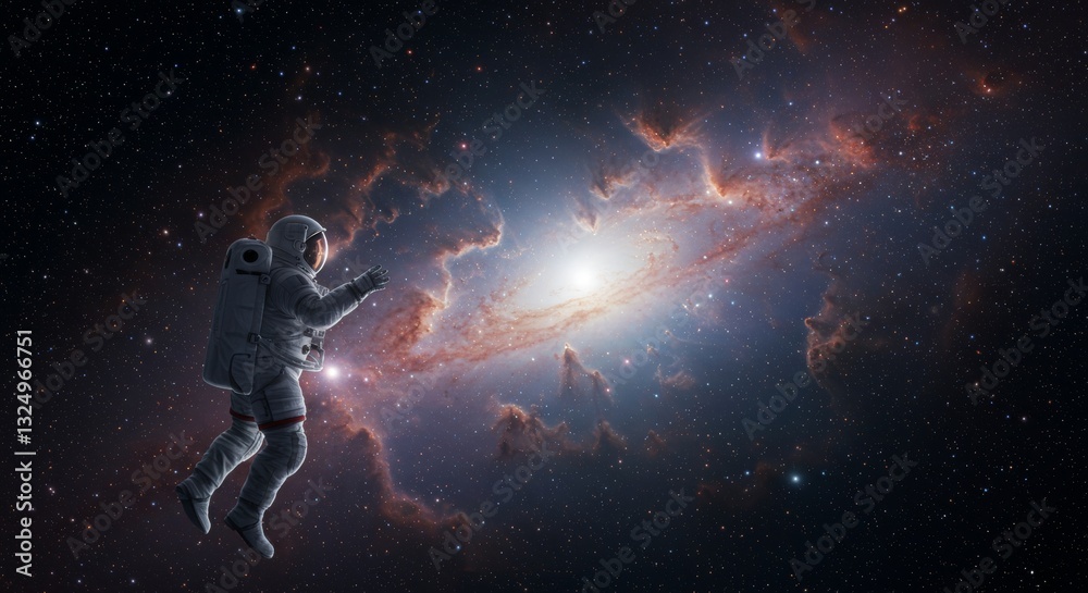 A lone astronaut floating in the vastness of space, illuminated by the soft glow of a distant galaxy. The cosmic background is filled with ethereal nebulae and scattered stars A lone astronaut floating in the vastness of space, illuminated by the soft glow of a distant galaxy. The cosmic background is filled with ethereal nebulae and scattered stars