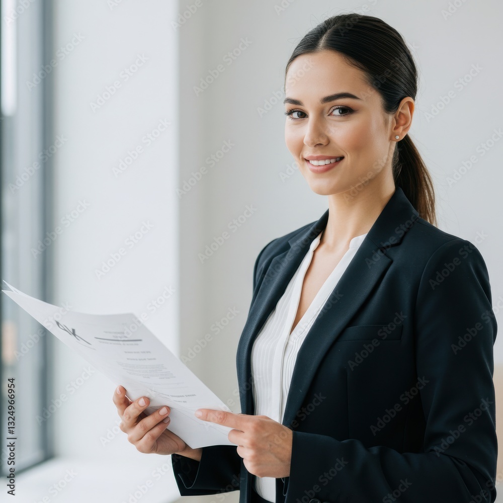 Professional businesswoman in dark blazer and white blouse holding document folder in corporate portrait isolated on white background Professional businesswoman in dark blazer and white blouse holding document folder in corporate portrait isolated on white background