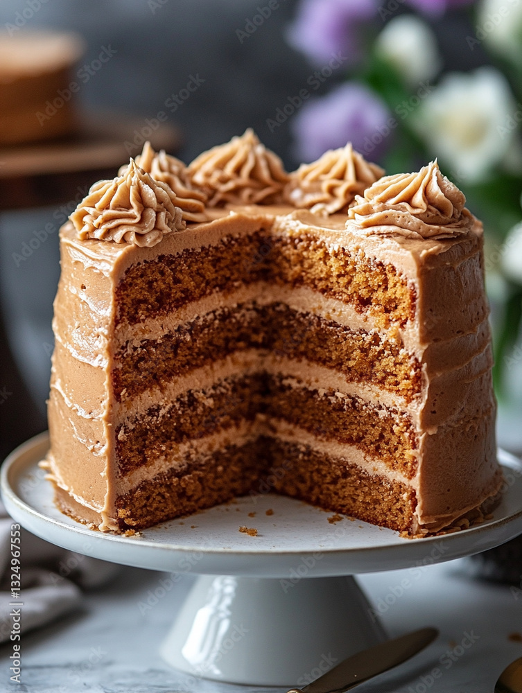 Delicious multi-layered cake with rich frosting on display Delicious multi-layered cake with rich frosting on display