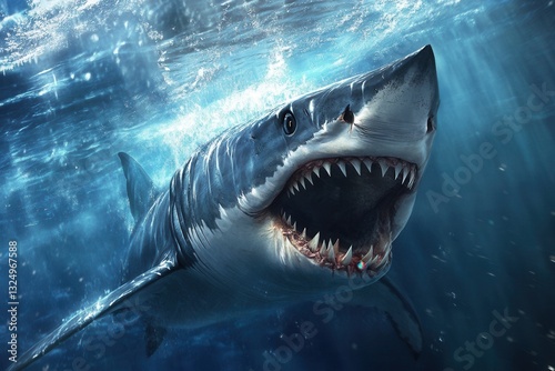 Great white shark swimming in deep blue ocean with open mouth