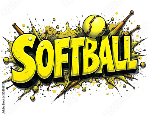 Wallpaper Mural Retro Softball lettering design with ball, graffiti style sport text design, Pop art Softball wording on red background art Torontodigital.ca