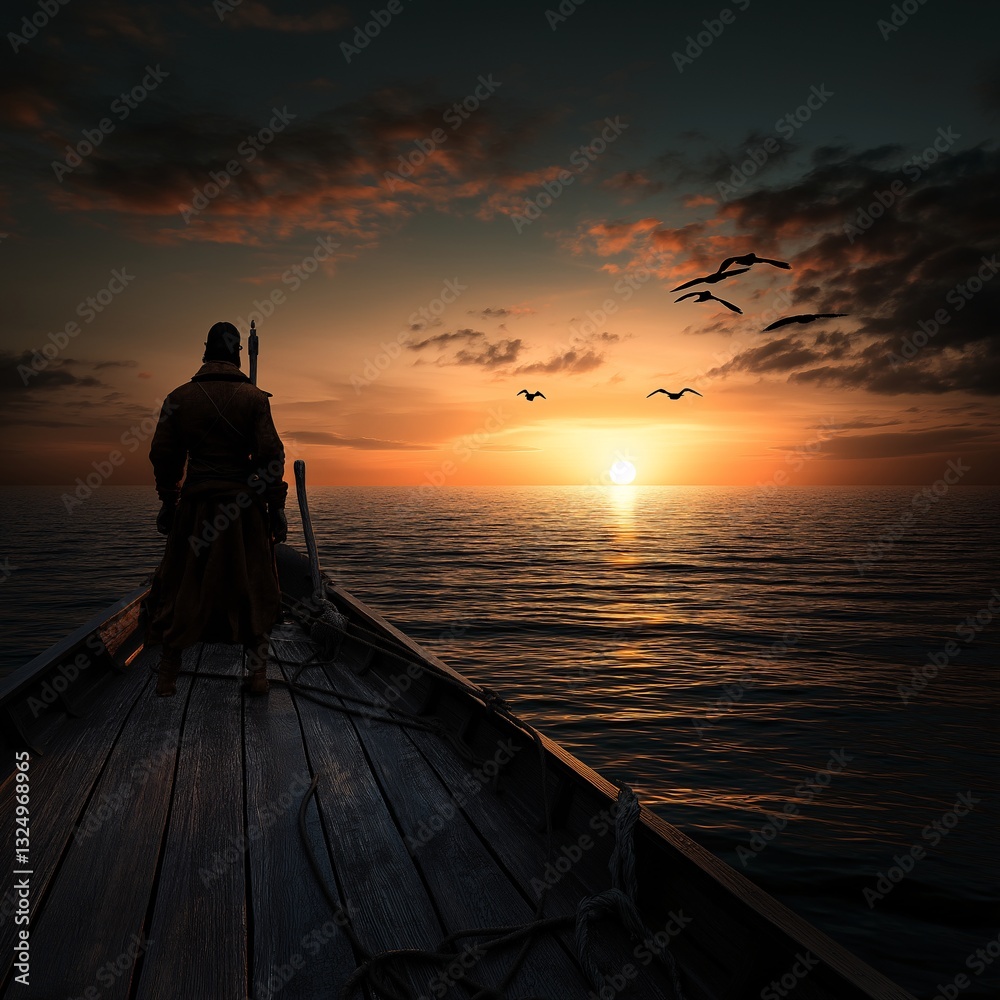 Fototapeta premium Voyager in silhouette contemplates sunset on the open sea from a boat.