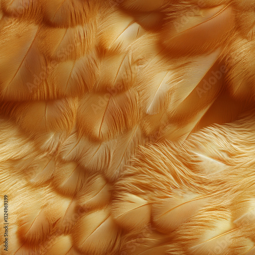 Seamless pattern of golden soft feathers with delicate textures and flowing strands