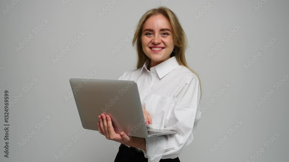 A young woman poses confidently with a laptop while smiling in a bright studio. A young woman poses confidently with a laptop while smiling in a bright studio.