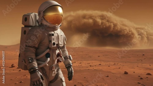 Astronaut man stands on Mars during a dust storm. Space exploration footage. Mars colonization motion picture with copy space. Red planet mission video clip.