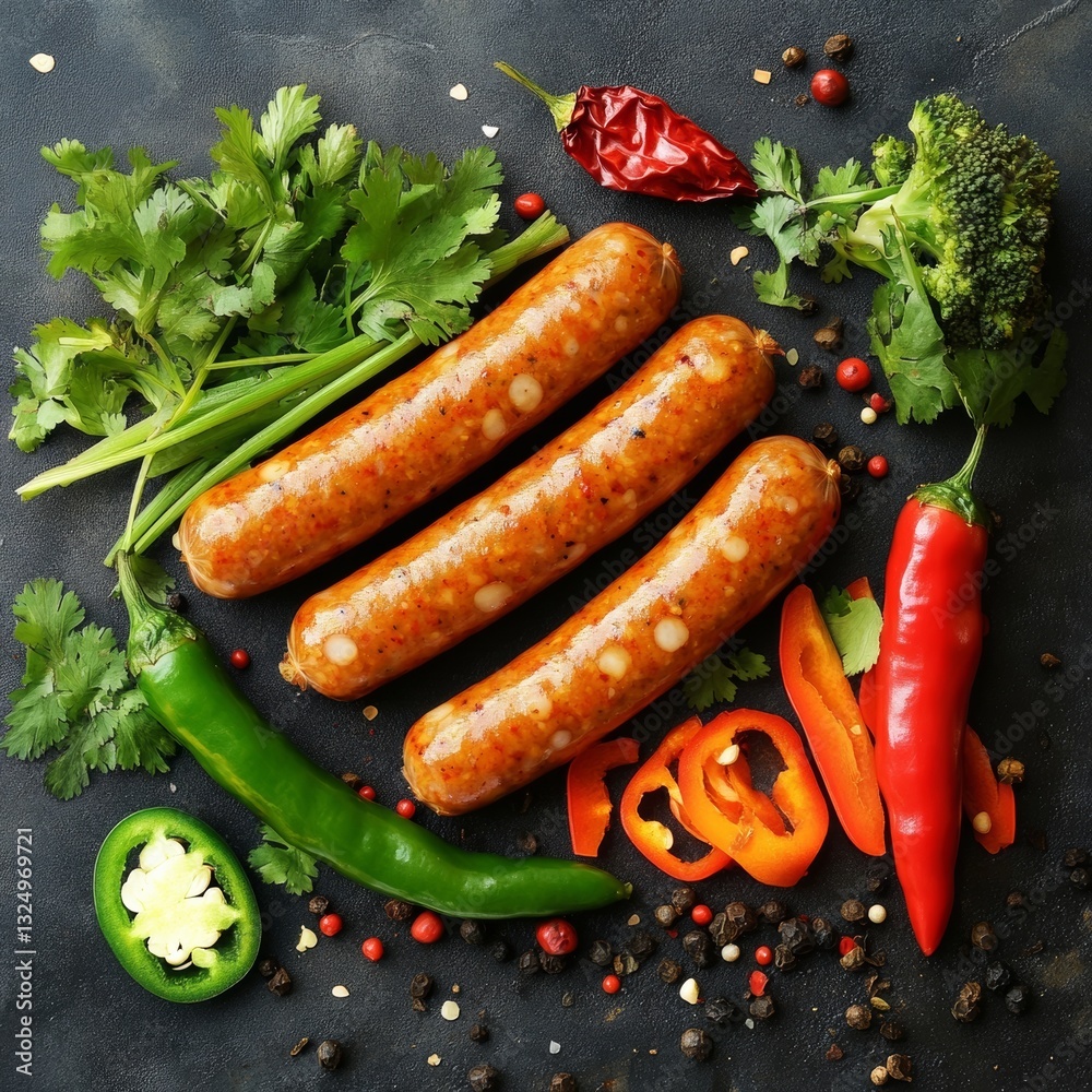 Thai sausage w/ fresh veggies, peppers on concrete. Thai sausage w/ fresh veggies, peppers on concrete.