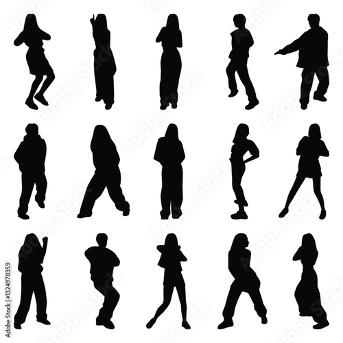Vector collection set of dancing people silhouettes.	
