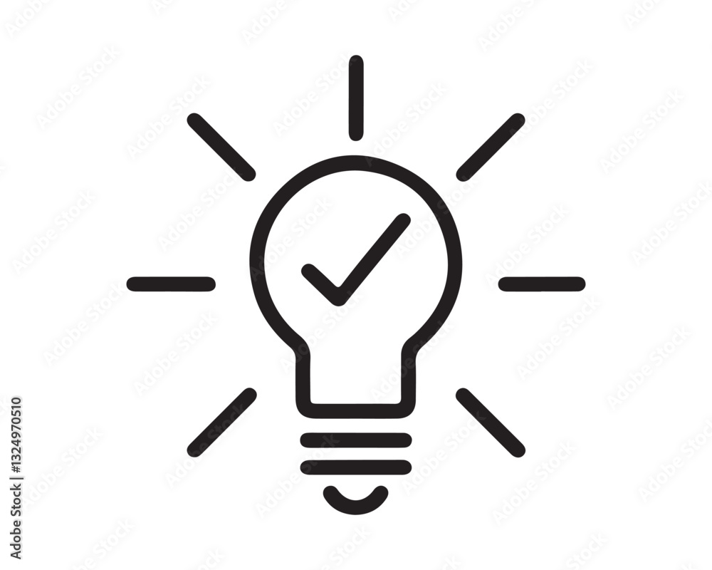 Lightbulb with Checkmark Icon, flat stroke linear simple trend modern efficiency logotype design element isolated on white. Lightbulb with Checkmark Icon, flat stroke linear simple trend modern efficiency logotype design element isolated on white.