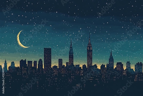 Cityscape at night under starry sky and crescent moon illustration
