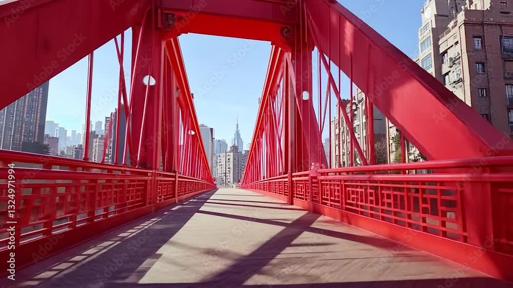 Vibrant Red Bridge in Urban Landscape