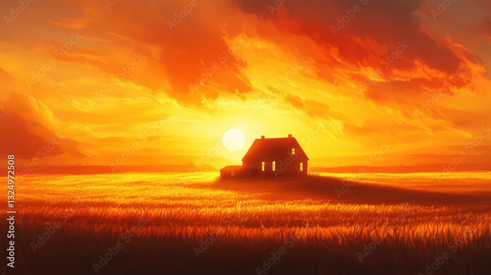 Fototapeta premium A lone house resides on a grassy hill with a vibrant sunset