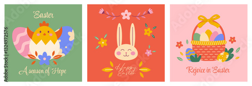 Easter holiday greeting card set with baby chick, bunny, painted eggs, and wicker basket