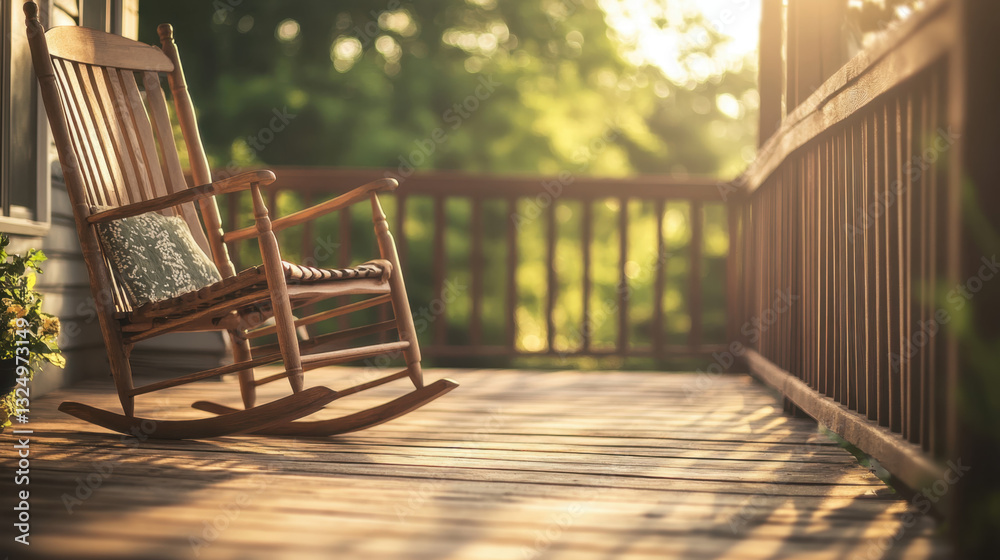 Wooden Rocking Chair on Porch Catches Morning Sunlight Wooden Rocking Chair on Porch Catches Morning Sunlight