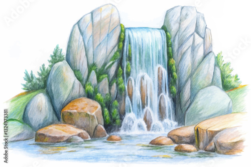 beautiful waterfall with stones in forest hand drawn sketch