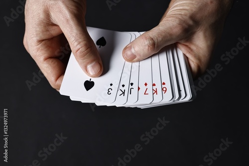 Illusionist shuffling playing cards on black background, closeup