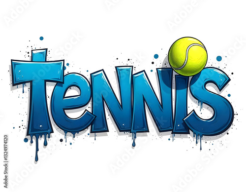 Wallpaper Mural retro blue tennis ball word banner poster, Retro tennis lettering design with ball, graffiti style sport text design, Pop art tennis wording on red background art, tennis ball yellow Torontodigital.ca