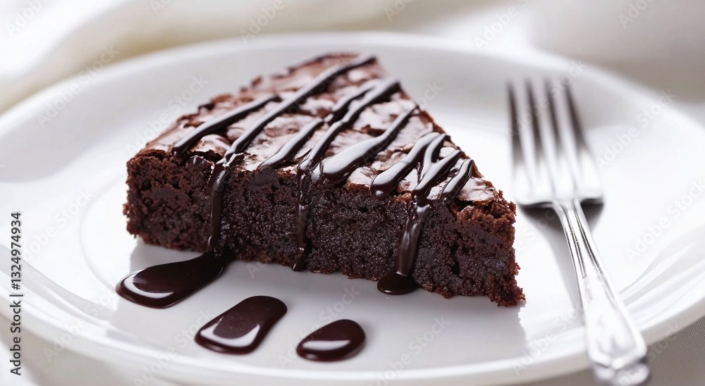 A decadent slice of chocolate cake, drizzled with rich chocolate ganache, sits on a white plate. The perfect dessert! A decadent slice of chocolate cake, drizzled with rich chocolate ganache, sits on a white plate. The perfect dessert!