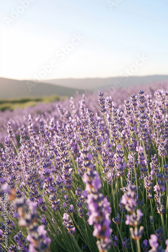 Beautiful landscape of blooming lavender field with mountains in the background