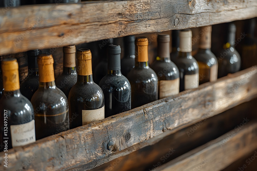 Rustic wooden shelves displaying various wine bottles in a cellar. Generative AI Rustic wooden shelves displaying various wine bottles in a cellar. Generative AI