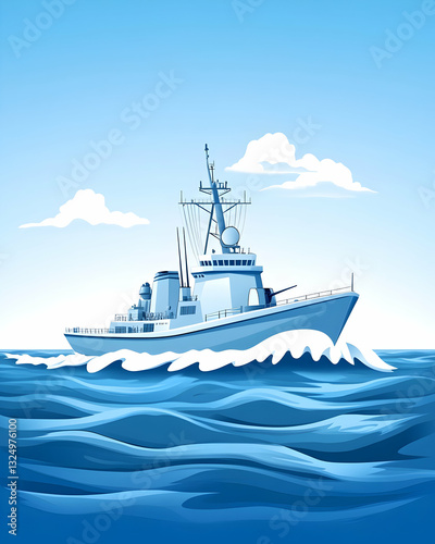 Military warship sailing on ocean waves