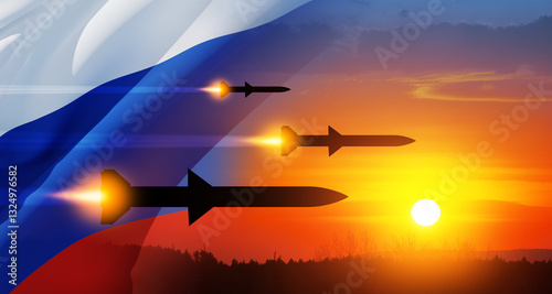 Fired missiles fly to the target. Missiles at the sky at sunset with Russian flag. Missile defense, a system of salvo fire.