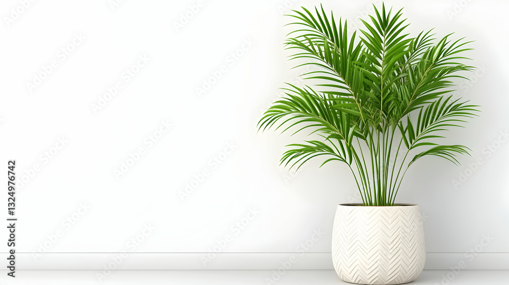 Minimalist plant aesthetic. A vibrant palm tree in a textured pot against a clean white backdrop Minimalist plant aesthetic. A vibrant palm tree in a textured pot against a clean white backdrop