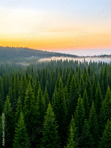 Misty sunrise over a dense evergreen forest
