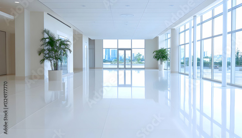 Modern, bright, empty hallway with large windows