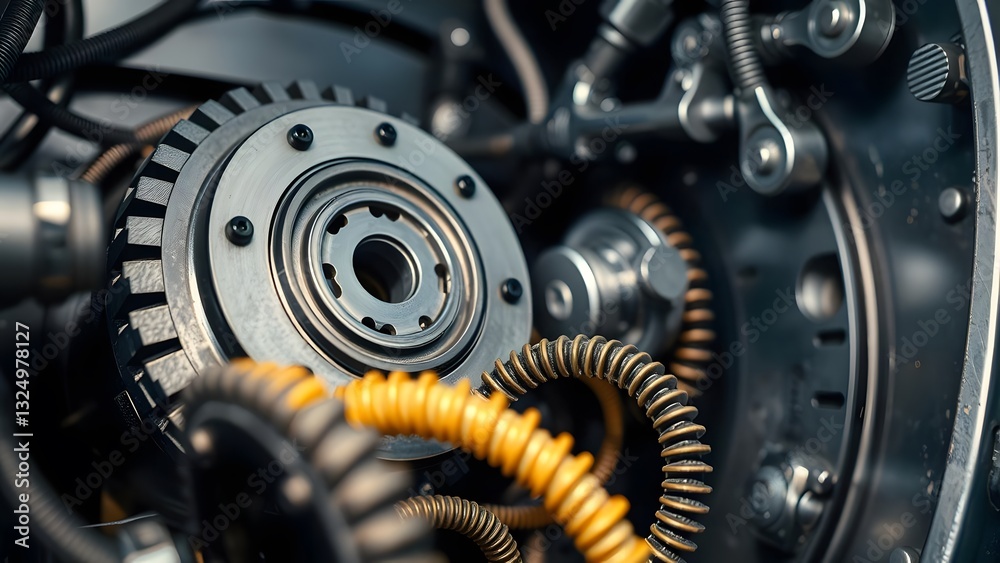 Fototapeta premium Close-up of an intricate mechanical system featuring gears and coils in a modern industrial design. 