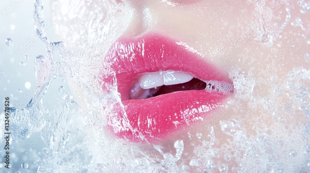 Fototapeta premium Pink glossed lips emerging from refreshing water splash, highlighting beauty and skincare aesthetic with sensual, dynamic visual appeal