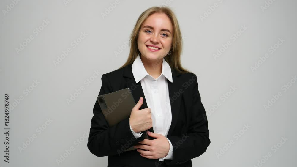 Young woman in a suit stands confidently holding a tablet, smiling against a neutral background. Young woman in a suit stands confidently holding a tablet, smiling against a neutral background.