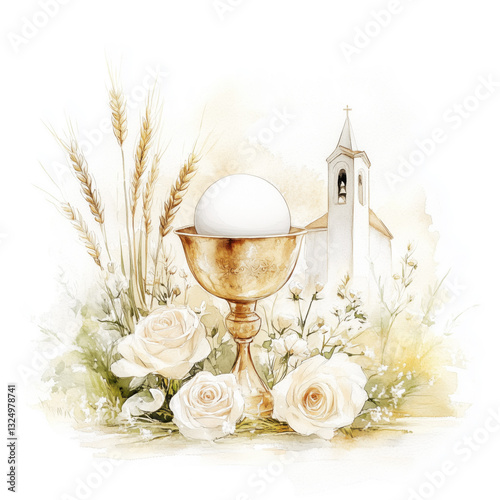 The First Holy Communion with Church Watercolor Illustration Isolated on White Background