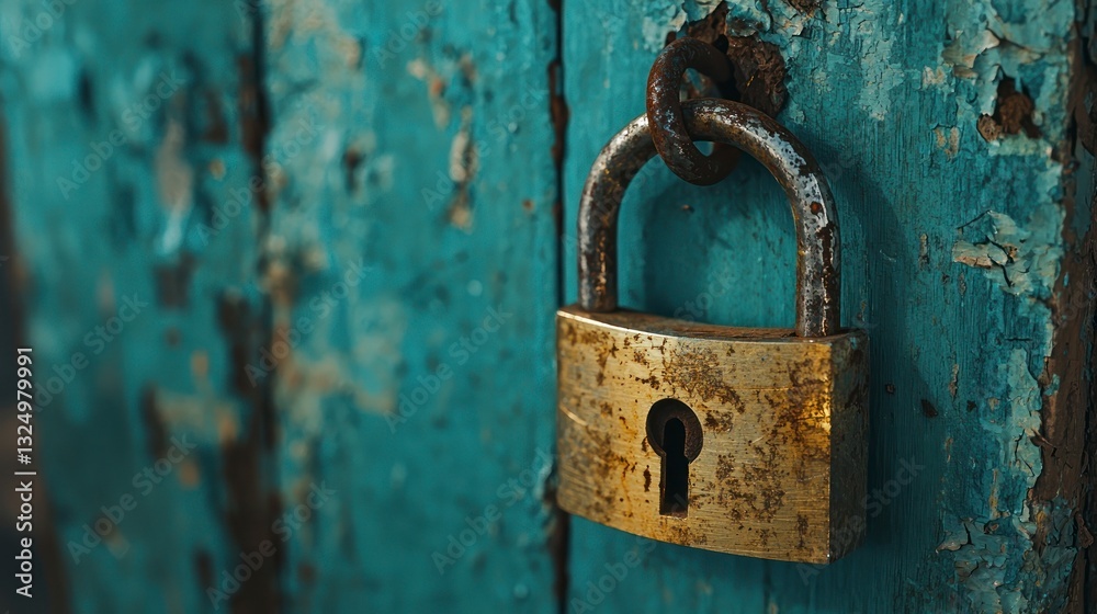 Rusty open padlock hanging on a weathered wooden door in close-up Rusty open padlock hanging on a weathered wooden door in close-up