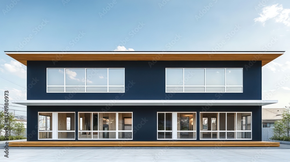 A contemporary two-story home with matte navy walls and crisp white windows, reflecting a modern Japanese architectural style A contemporary two-story home with matte navy walls and crisp white windows, reflecting a modern Japanese architectural style