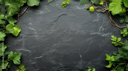 Verdant ivy leaves climbing dark stone surface, creating organic textural backdrop with generous negative space for design compositions