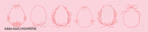 Set of pink cute vintage doodle easter frames. Whimsical minimalist trendy hand drawn bow ribbon borders. Handwritting spring coquette background. Celebration invitation. Botany girly design