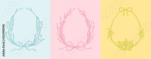 Hand drawn Easter egg botany frames. Bow ribbon coquette whimsical round border. Willow twig, tulip, rose botanical wreath. Spring aesthetic pastel filigree background. Filigree minimal design