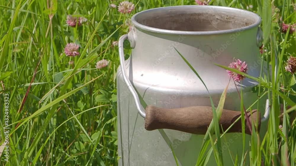 Meadow concept. Close up Aluminum can with water in field blooming clover. Vintage milk can metal barrel. Green organic fertilizers for vegetables, beds. Biological fertilizing of root system, 2025 Meadow concept. Close up Aluminum can with water in field blooming clover. Vintage milk can metal barrel. Green organic fertilizers for vegetables, beds. Biological fertilizing of root system, 2025