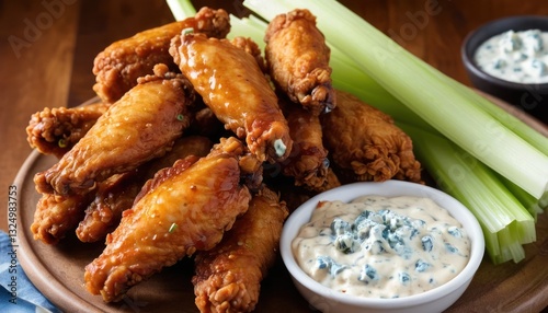 Close-up of crispy golden fried chicken wings tossed in a sweet and spicy sauce, with a side of blue cheese dip and celery sticks