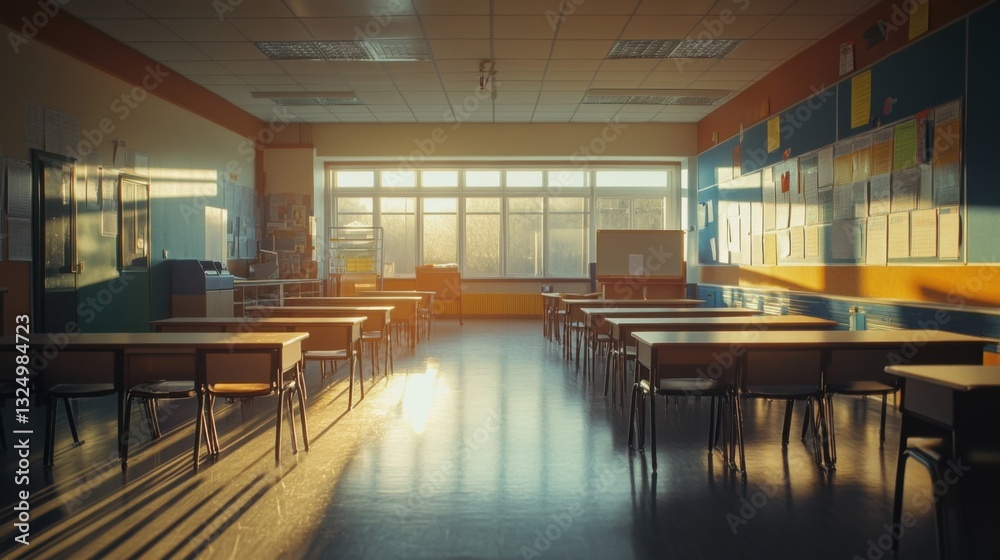 Bright Sunlight in Spacious Classroom with Desks and Empty Chairs Bright Sunlight in Spacious Classroom with Desks and Empty Chairs