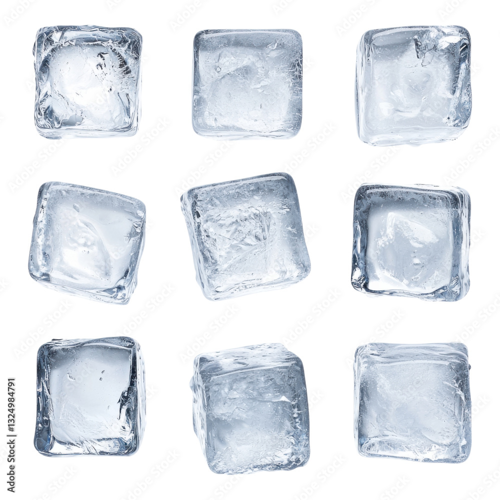 Fototapeta premium A collection of ice cubes arranged in a grid, showcasing their unique shapes and clear, crystalline texture.