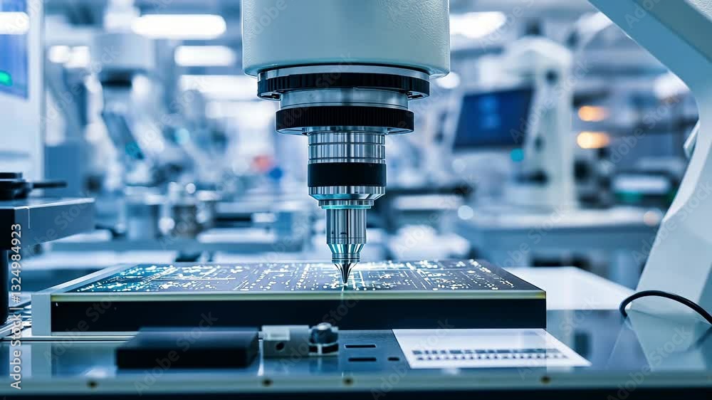 Precision machinery is actively engaging in the assembly of a circuit board in a modern production environment, showcasing innovative robotic technology
