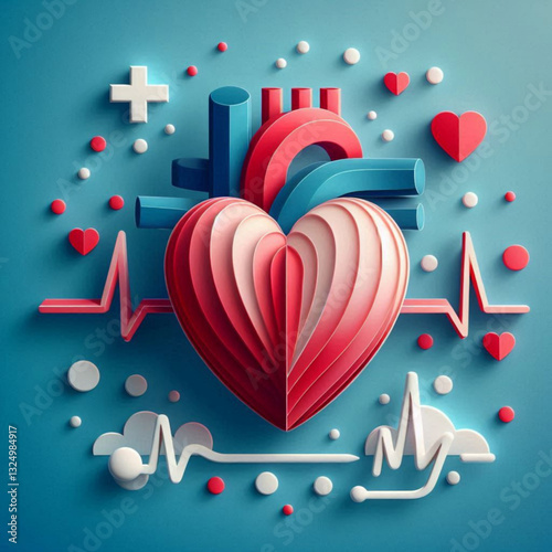 3D anatomical heart design with heartbeat lines and medical symbols, showcasing health concept, paper art style