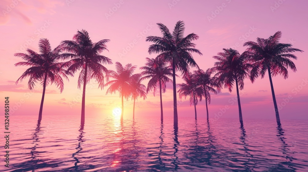 Palm trees silhouette at sunset by the ocean with vibrant sky reflections Palm trees silhouette at sunset by the ocean with vibrant sky reflections