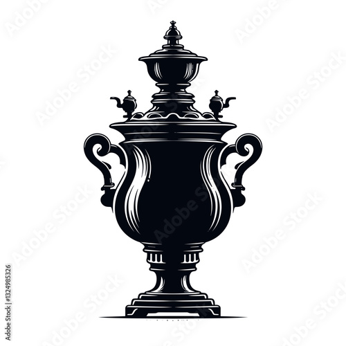 Vintage black silhouette of a samovar in classic style on light background with copy space , cut out