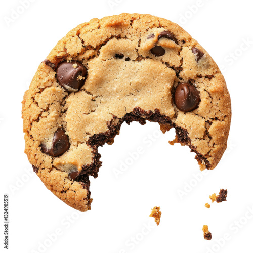 A freshly baked cookie with chocolate chips, featuring a bite taken out, showcasing its crumbly texture and rich color.