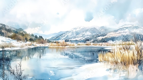 A watercolor painting showing snowy mountains and a lake scene