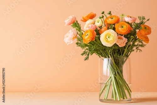 Wallpaper Mural ranunculuses bouquet in a glass vase on an orange solid color background Torontodigital.ca